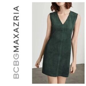 BCBGMAXAZRIA Malina Faux Suede Mini Dress MEDIUM Green Sleeveless V Neck Shift